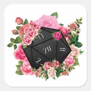 Sticker Carré Rose Floral D20 Tabletop Dice RPG