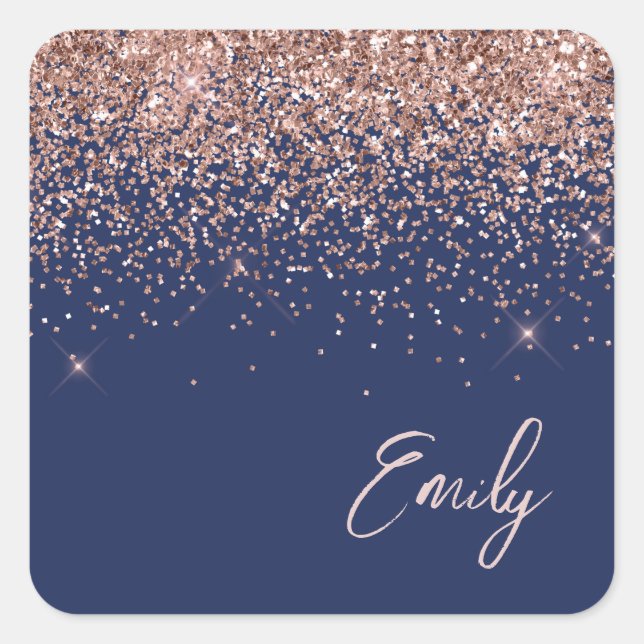 Sticker Carré Rose Gold Blush Pink Navy Blue Parties scintillant (Devant)