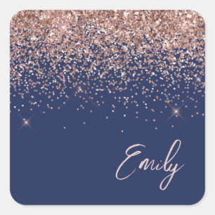 Sticker Carré Rose Gold Blush Rose Bleu Marine Paillettes Nom