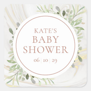 Sticker Carré Rose Gold Feuillage Aquarelle Baby Shower
