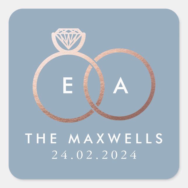 Sticker Carré Rose Gold Mariage anneau Monogramme Nom Date Bleu (Devant)