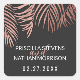 Sticker Carré Rose Gold Palm Tree Frances Noir moderne Mariage