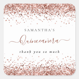 Sticker Carré Rose Gold Parties scintillant Nom Quinceañera Merc