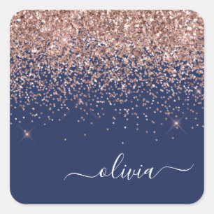 Sticker Carré Rose Gold Rose Glitter Monogram Bleu Marine Rose P