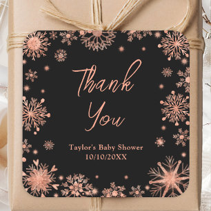 Sticker Carré Rose Gold Snowflakes Baby shower Merci
