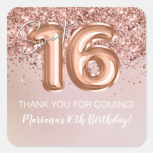 Sticker Carré Rose Gold Sweet 16 Anniversaire Fête Favor