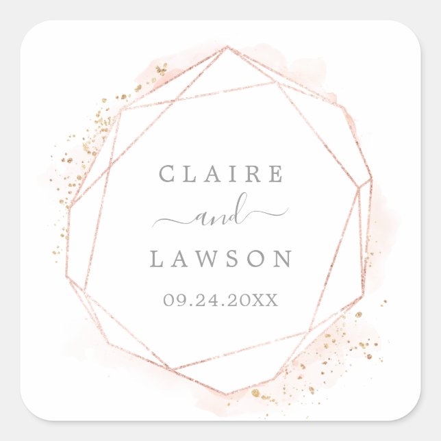 Sticker Carré Rose Mariage d'enveloppe d'aquarelle or (Devant)