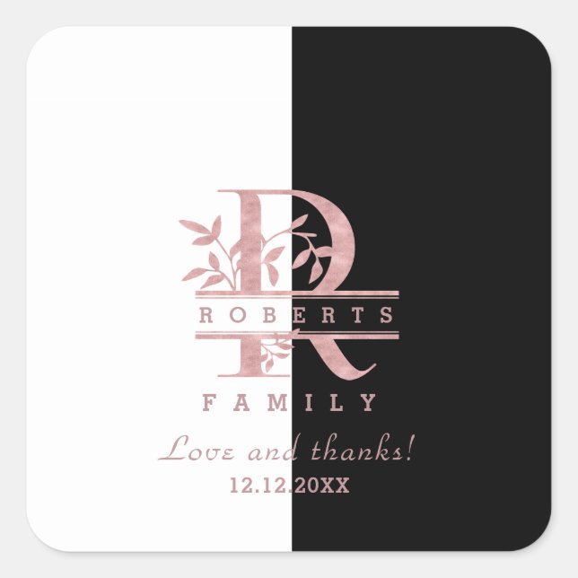 Sticker Carré Rose moderne Gold Split Monogramme personnalisé R (Devant)