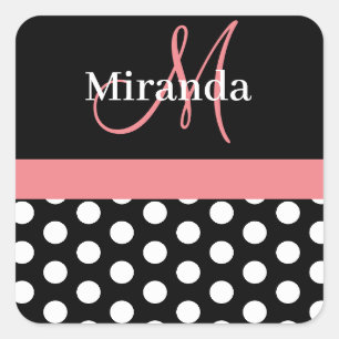 Sticker Carré Rose noir blanc Polka point Monogramme