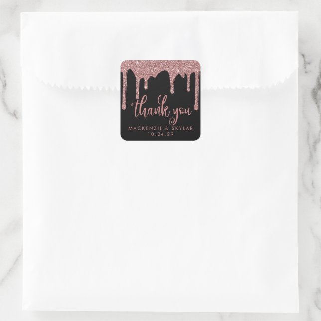 Sticker Carré Rose noir Parties scintillant or   Merci (Sac)