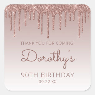 Sticker Carré Rose Parties scintillant or 90e anniversaire Merci