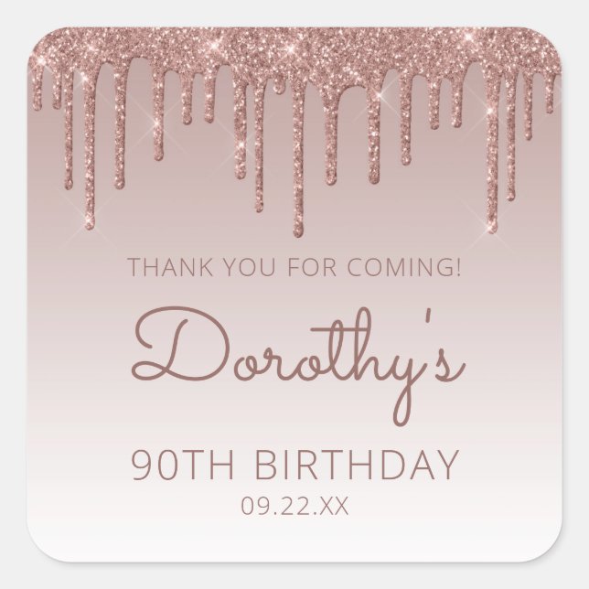 Sticker Carré Rose Parties scintillant or 90e anniversaire Merci (Devant)