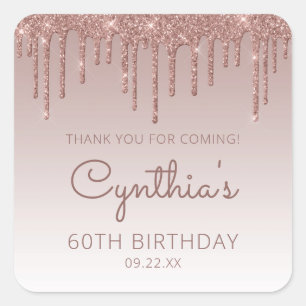 Sticker Carré Rose Parties scintillant or Drip 60e anniversaire 