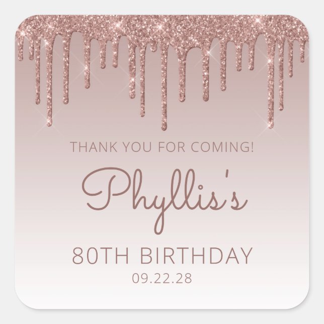 Sticker Carré Rose Parties scintillant or Drip 80e anniversaire  (Devant)