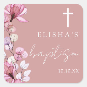 Sticker Carré Rose Poussiéreux Rose Élégant Moderne Floral Baptê