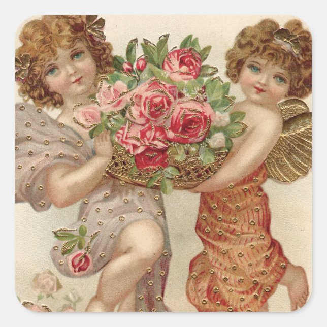 Sticker Carré Rose Rose de panier mignon Cherub Angel (Devant)