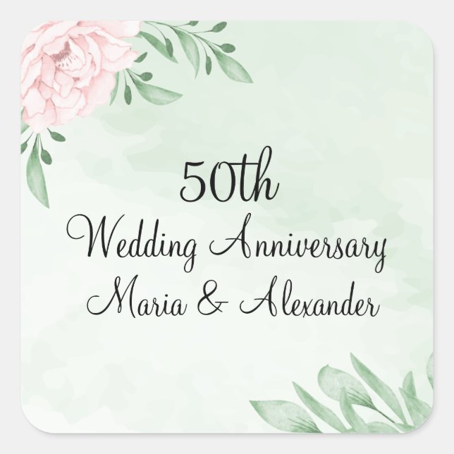 Sticker Carré Rose rose Eucalyptus feuillage 50e anniversaire (Devant)