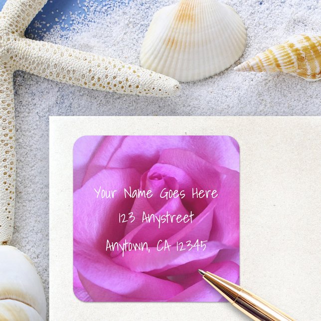 Sticker Carré Rose rose fleur élégante moderne adresse de retour (Créateur téléchargé)