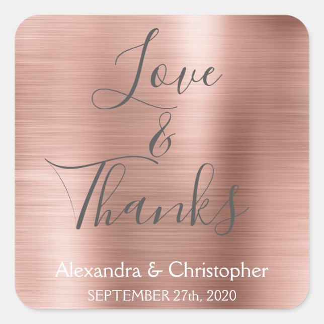 Sticker Carré Rose Rose Or Chic Metallic Love & Thanks (Devant)