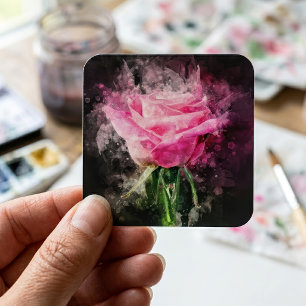 Sticker Carré Rose roseau aquarelle sur fond noir