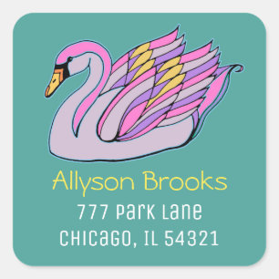 Sticker Carré Rose Swan Art, Nom, Adresse de retour, Turquoise