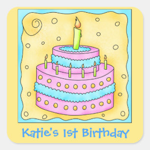 Sticker Carré Rose Turquoise 1er Joyeux gâteau d'anniversaire