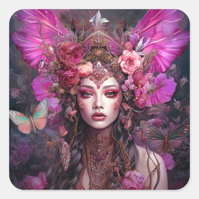 Sticker Carré Rose violet Fairy Queen Imaginaire Art (Devant)