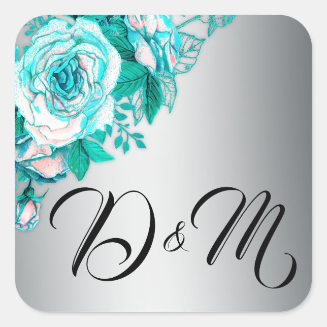 Sticker Carré Roses Aqua et Mariage Silver (Devant)