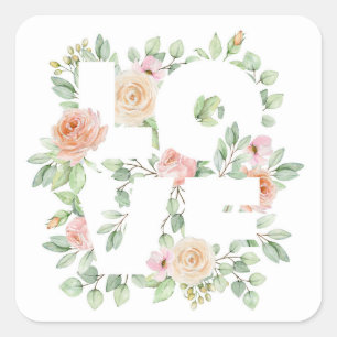 Sticker Carré Roses aquarelles et verdure AMOUR Saint-Valentin