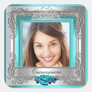 Sticker Carré Roses Argent Sarcelle Quinceanera 15e Anniversaire