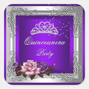 Sticker Carré Roses Argent Violettes Quinceanera 15e Anniversair