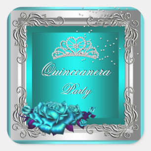 Sticker Carré Roses Argentées de Teal pour Quinceanera 15e Anniv