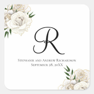 Sticker Carré Roses blanches à monogramme Fleurs Élégantes Maria