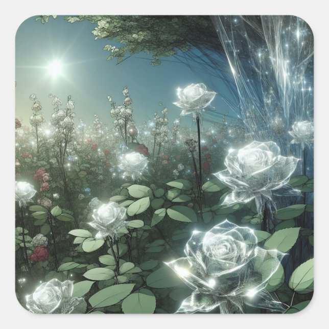 Sticker Carré Roses Blanches Dans Le Jardin Magique (Devant)