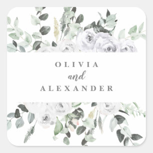 Sticker Carré Roses blanches et mariage floral vert
