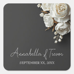 Sticker Carré Roses blanches & Pivoines sur fond Charbon de bois