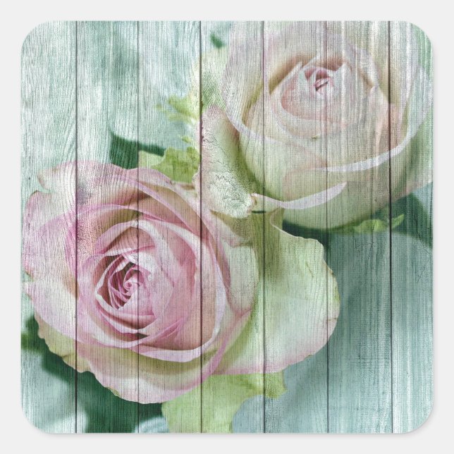 Sticker Carré Roses Chic Rose Shabby Sur Bois Bleu (Devant)