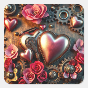 Sticker Carré Roses, Coeurs et engrenages métalliques Steampunk