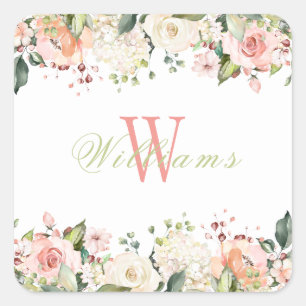 Sticker Carré Roses Florales Roses Élégant Monogramme Nom