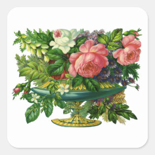Sticker Carré Roses Florales Roses Roses, Vase de Fleurs