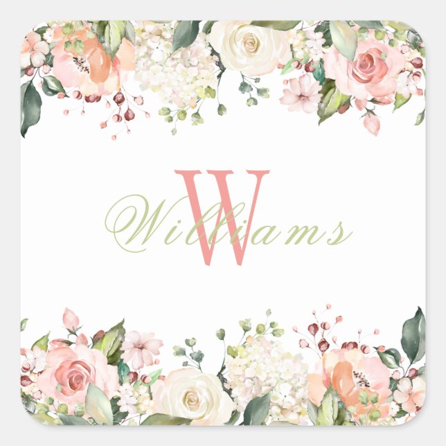 Sticker Carré Roses floraux rose Élégant Nom du monogramme (Devant)