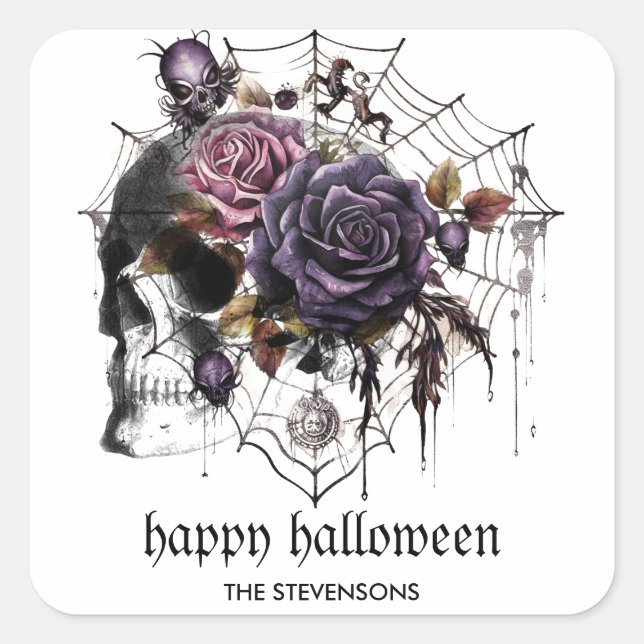 Sticker Carré Roses gothiques simples et crâne fête d'Halloween (Devant)