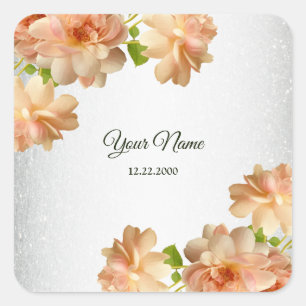 Sticker Carré Roses Péches Fleur Glitter Argent Mariage Fête
