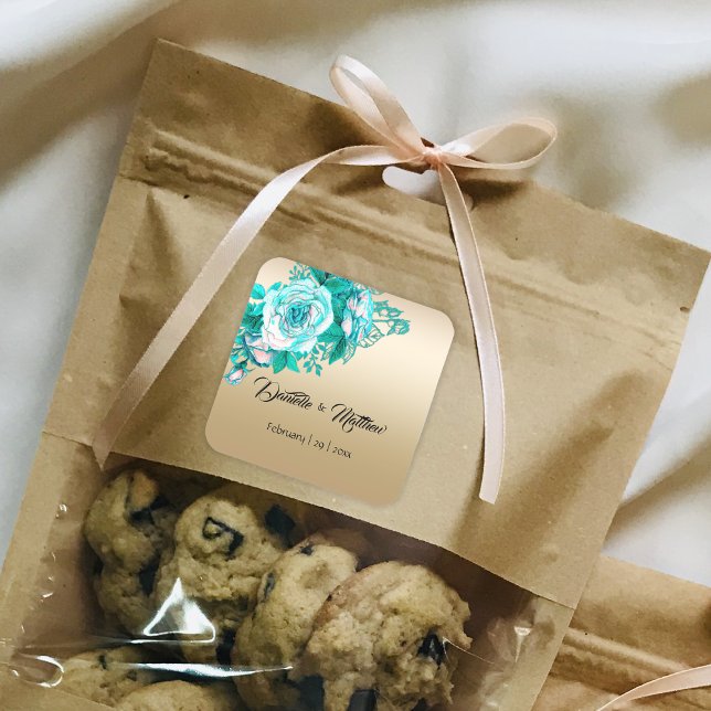 Sticker Carré Roses romantiques turquoise sur Mariage or (Créateur téléchargé)