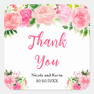 Sticker Carré Roses roses avec feuillage Mariage Merci