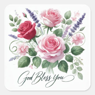 Sticker Carré Roses roses Dieu vous bénisse Religieux