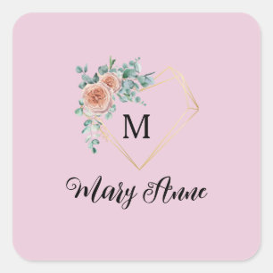 Sticker Carré Roses Roses Roses Cœur Doré Monogramme et Nom