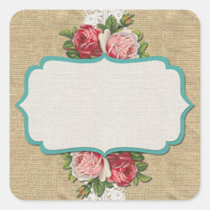 Sticker Carré Roses Shabby Chic sur dentelle vintage et toile de