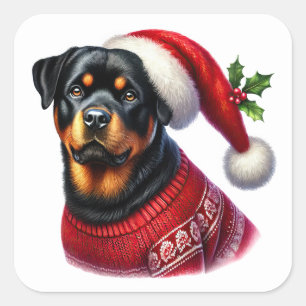 Sticker Carré Rotweiler de Noël portant un pull festif