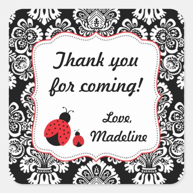 Sticker Carré Rouge Black Ladybug Damask baby shower de faveur a (Devant)